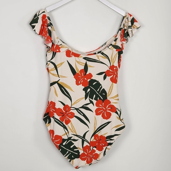 Vince Camuto Swimsuit Off-Shoulder Ruffle Tropical Hibiscus Print One-Piece - Picture 7 of 9